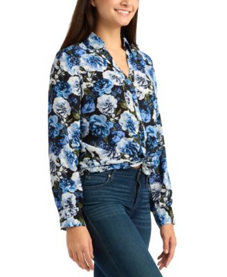 Juniors' Floral Printed Collared Top