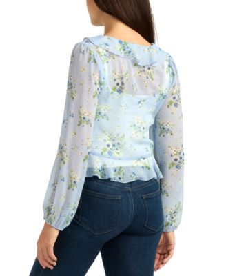 Juniors' Floral V-Neck Printed Top