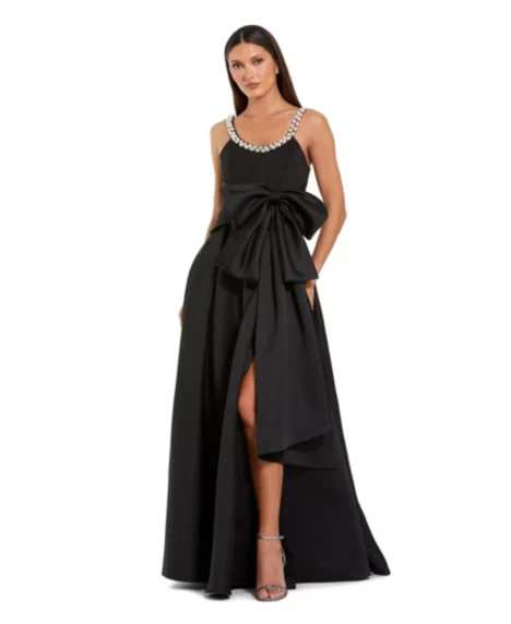 Petite Satin Gown With Pearl Neckline and Bow Detail - Black