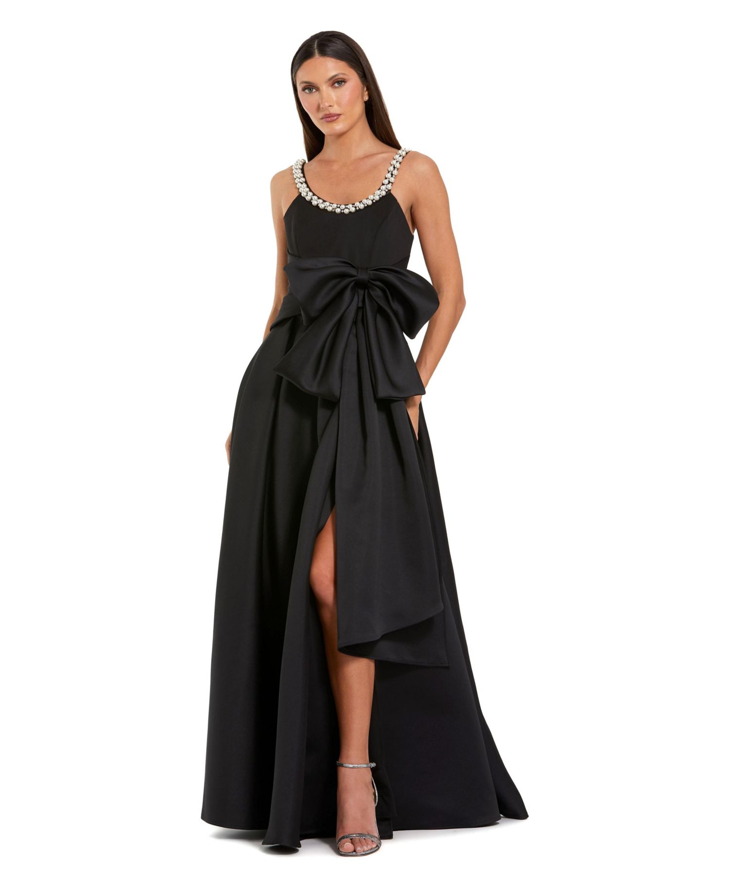Petite Satin Gown With Pearl Neckline and Bow Detail