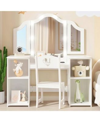 Kids Vanity with Lights,2 in 1 Princess Makeup Desk & Chair Set, Lighted Mirror, Storage Shelves & Cabinet