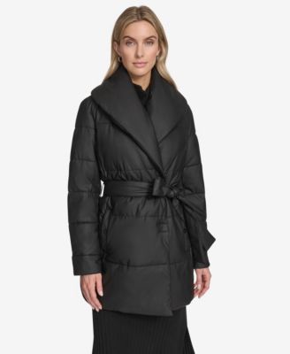 Women's Adela Pillow Collar Faux Leather Wrap Coat