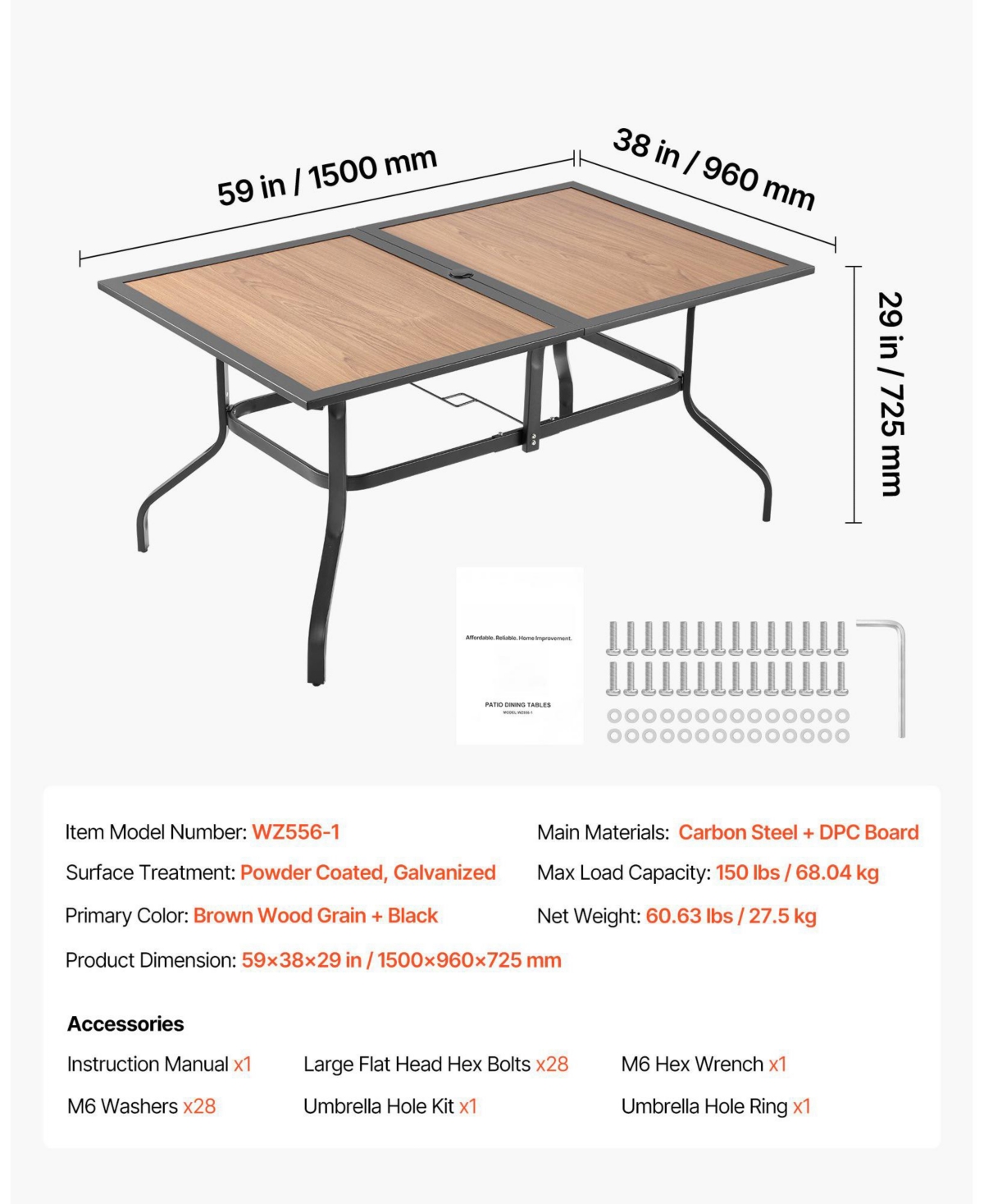 Mecale 59" Rectangular Outdoor Patio Dining Table, Wood-Like Steel Slat Bistro Table for 4-6 with 1.5" Umbrella Hole, Brown