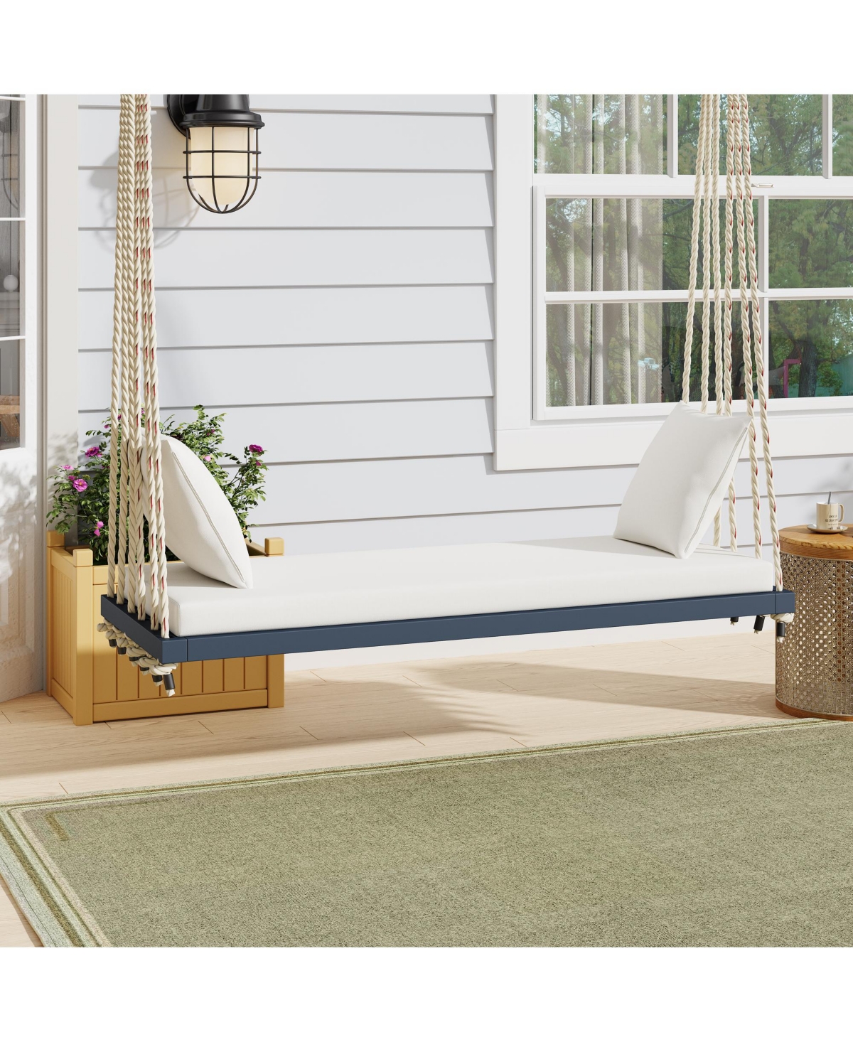 Flynama Patio Wooden Swing Chair, Hanging Porch Swing Bench with Cushion&Pillows, 10.8Ft Hemp Ropes for Garden,Backyard, Lawn,Gray