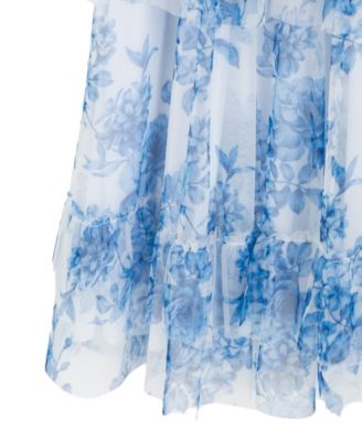 Girls' 7-16 Floral Mesh Smocked Square Neck Dress