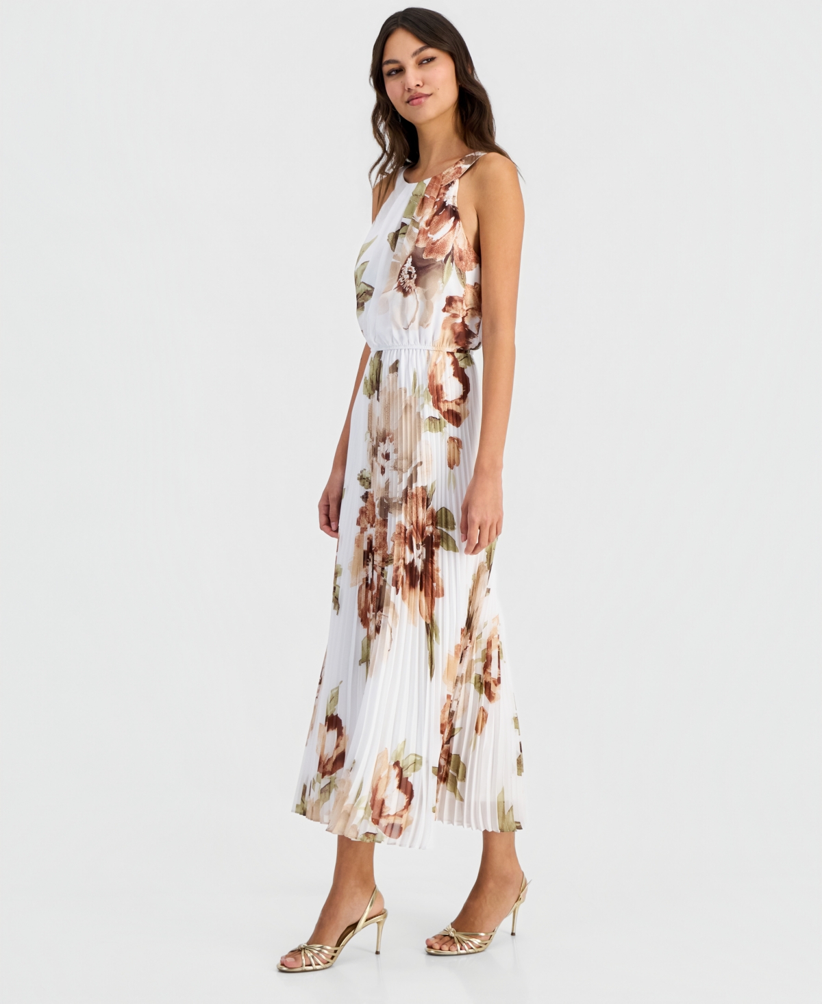 Robbie Bee Women's Pleated Floral Print Maxi Dress
