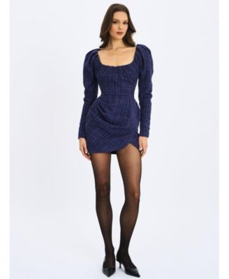 Women's Denise Navy Tweed Ruched Puff Sleeve Mini Dress