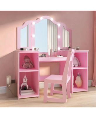 Kids Vanity with Lights,2 in 1 Princess Makeup Desk & Chair Set, Lighted Mirror, Storage Shelves & Cabinet