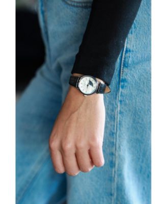 Women's 26mm Sun-Moon Phase Silver Watch with Black Leather Strap