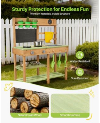 Kids Outdoor Mud Kitchen, Wooden Play Kitchen with Stove, Tank & Sink, Shovels, Spatulas, Box, Cookware Pots & Accessories