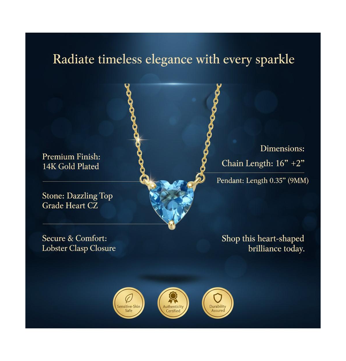 Rachel Glauber Radiant 14K Gold Plated Blue Cz Heart Pendant Necklace