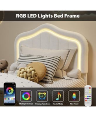 Twin LED Bed Frame with Storage & RGB Lights - Upholstered Platform Bed for Kids, Soft Fleece Fabric, No Box Spring Needed