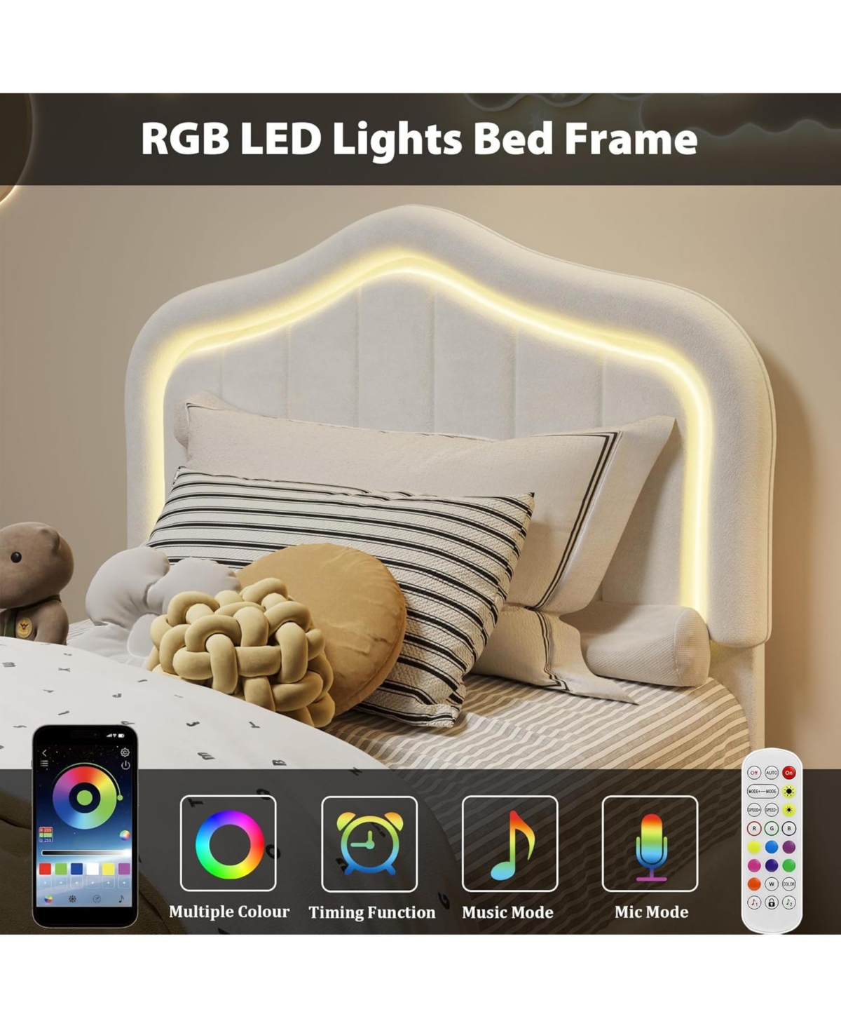 gaomon Twin Led Bed Frame with Storage & Rgb Lights - Upholstered Platform for Kids, Soft Fleece Fabric, No Box Spring Needed