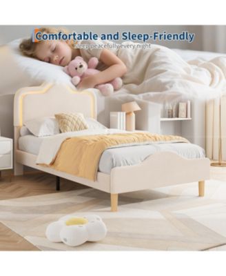 Size Velvet LED Bed Frame with Adjustable Headboard, Princess Platform Bedframe for Kids/Girls, No Box Spring Needed