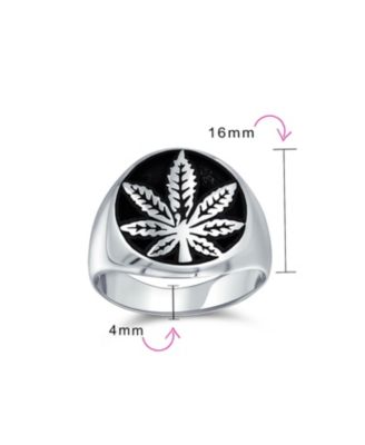 Mens Statement Black Marijuana Leaf Medallion Round Signet Ring Sterling Silver