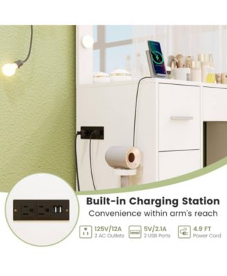 Vanity Desk with Mirror and Lights Storage Stool Power Outlets 3 Lighting Colors