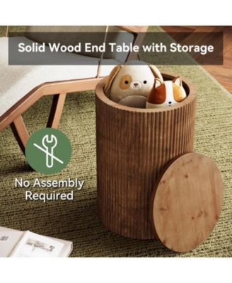 Solid Wood Round Side Table with Storage, No-Assembly Fluted End Table with 4 Wheels, Wooden Nightstand (Fully Assembled)