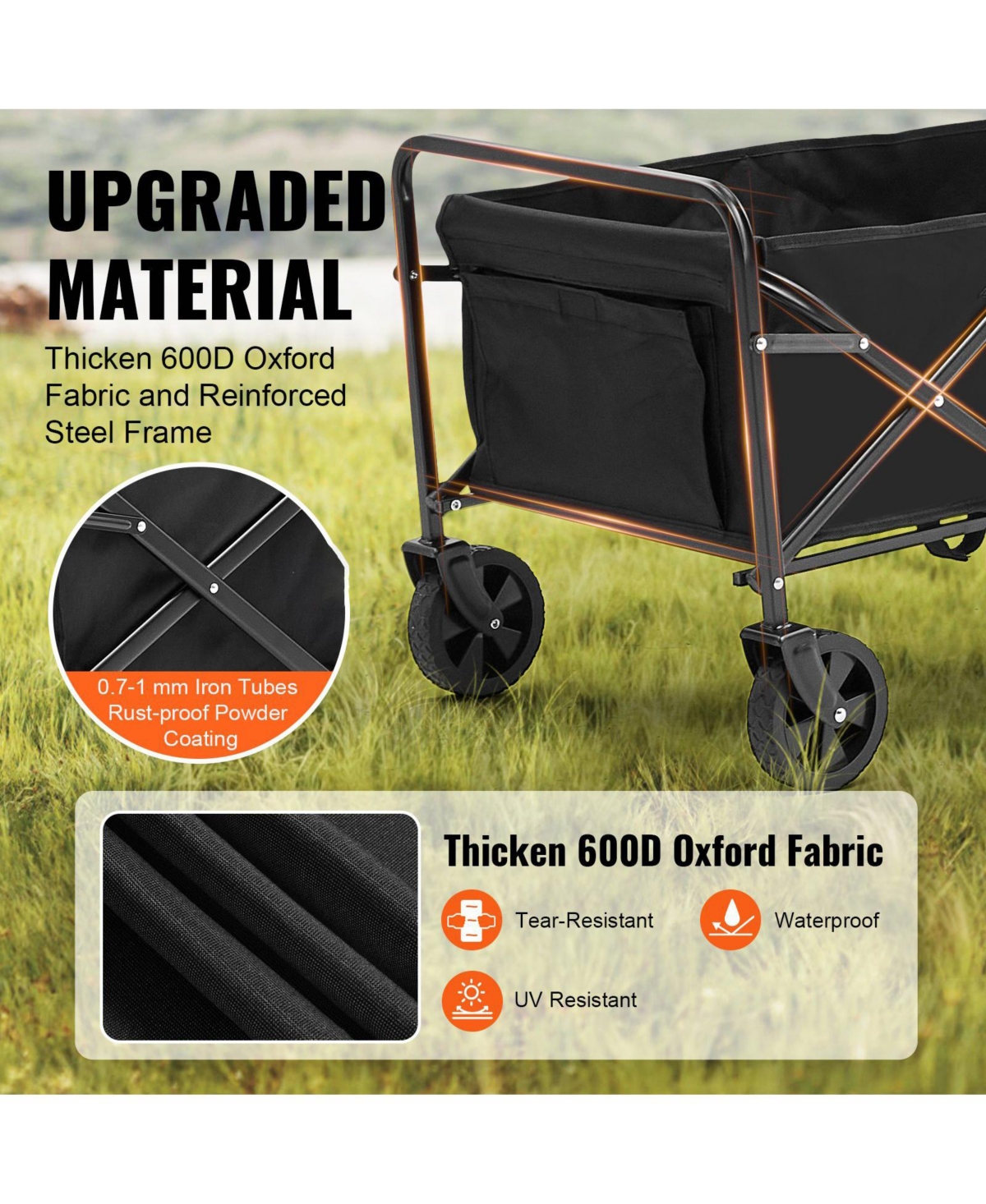 Mecale 2 cu.ft Collapsible Folding Grass Wagon Cart, All-Terrain 5in Wheels, 220 lbs Capacity, Drink Holders, for Camping Shopping Garden