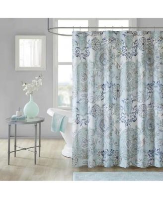 72-inch Cotton Shower Curtain with Blue Watercolor Paisley Floral Motif