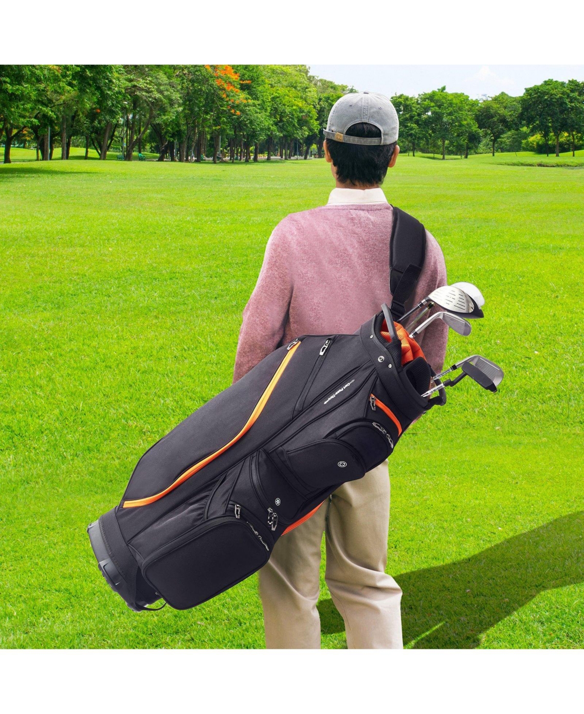 Mecale Golf Cart Bag, 14-Way Divider Top, 36", 13 Pockets, Handles, Dust Cover & Detachable Straps, Black & Orange