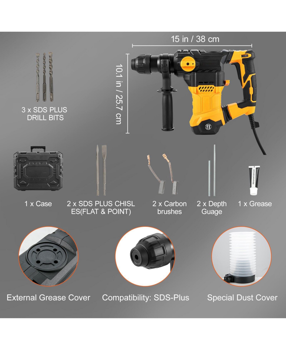 Mecale 1-1/4" Sds-Plus Rotary Hammer Drill, 13 Amp Corded, Variable Speed, Vibration Control, Safety Clutch, Demolition Tool