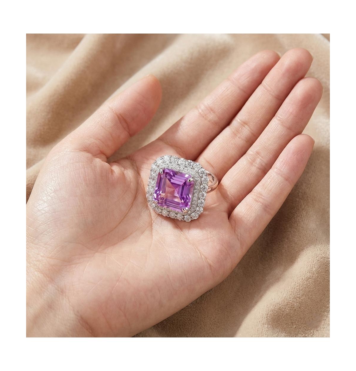 Sterling Silver White Gold Plated Pink Ascher Cubic Zirconia with Clear Round Zirconia's Double Halo Cocktail Ring