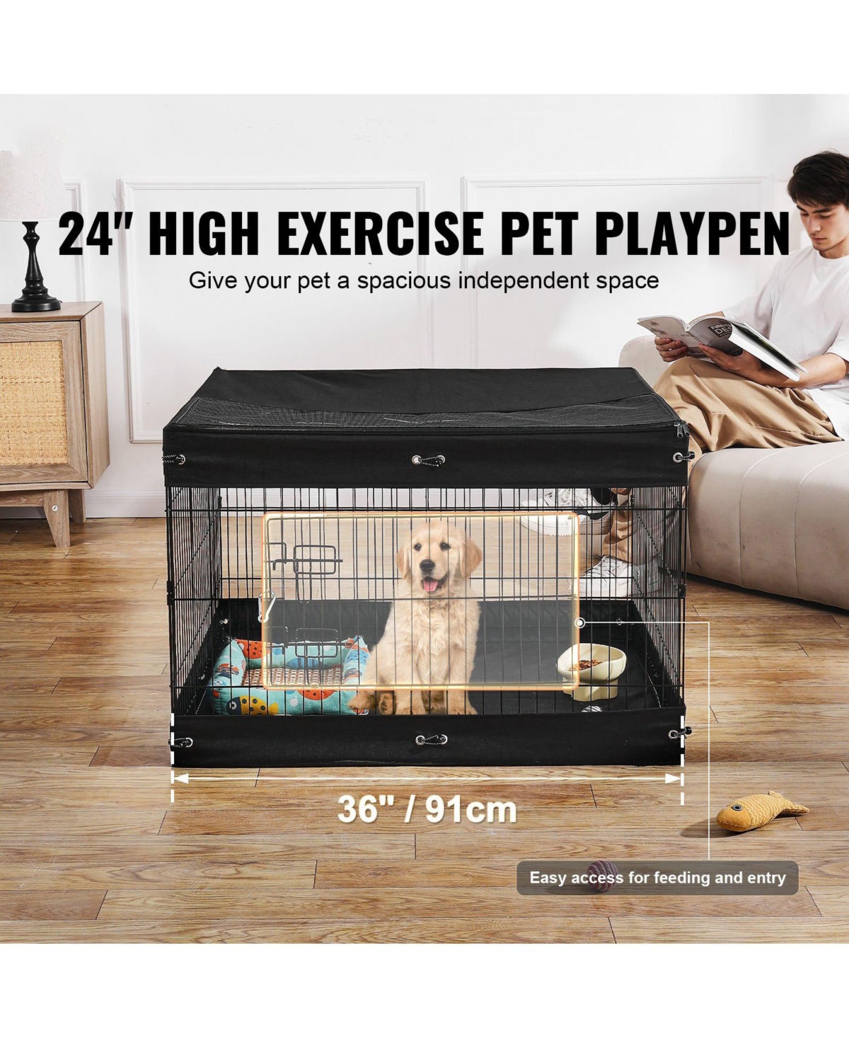 Cozito Dog Playpen, 4-Panel 24 x 36 in Foldable Metal Exercise Pen w/ Door, Top Cover & Bottom Pad, Indoor/Outdoor Pet Fence