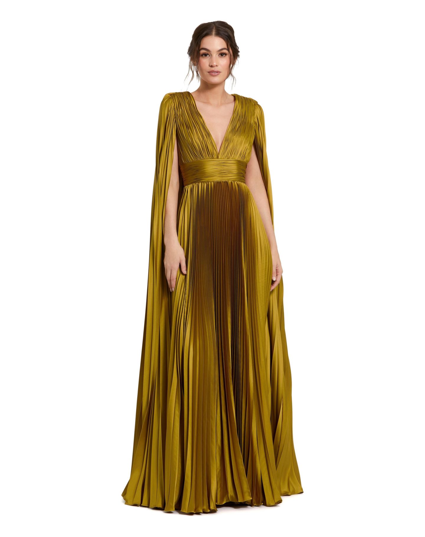 Женские платья Mac Duggal Petite Pleated Charmeuse V Neck Gown With Cape, цвет: Шартрез — фото 1