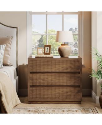 Fluted Nightstand, 31" Wide Night Stand with 3 Storage Drawers, Farmhouse Oversized Bedside Table Modern Large End Side Table