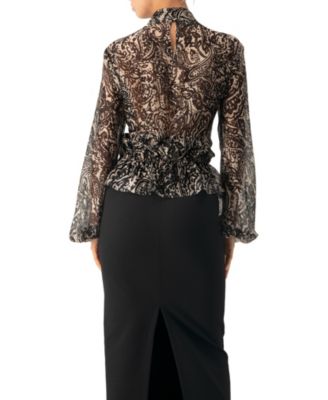 Women's High Neck See-Through Paisley Blouse