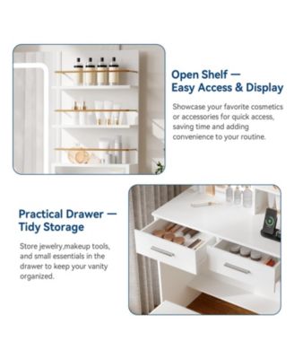 Makeup Vanity with Mirror and Lights, Vanity Desk with Charging Station, Drawers, Open Shelves Cabinet, and Chair Bedroom Dressing Table Set