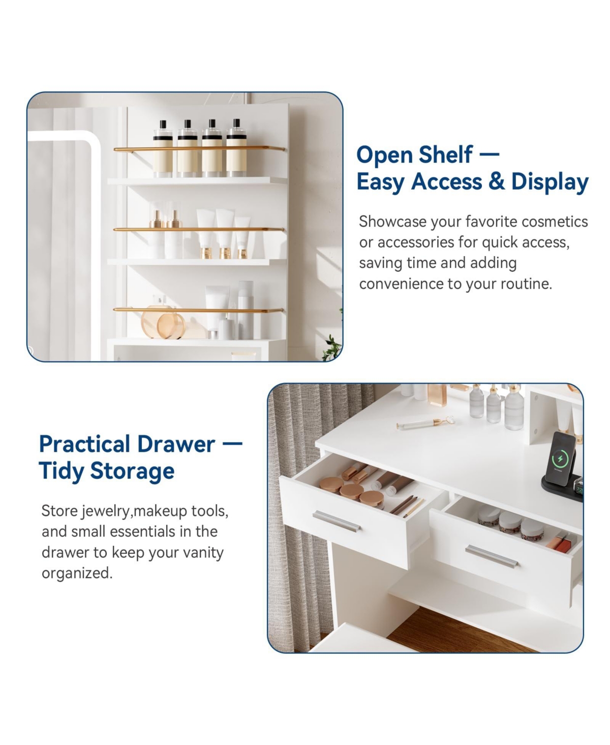 gaomon Makeup Vanity with Mirror and Lights, Vanity Desk with Charging Station, Drawers, Open Shelves Cabinet, and Chair Bedroom Dressing Table Set