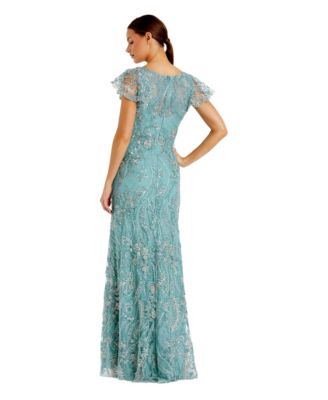 Petite V Neck Flutter Sleeve Floral Embroidered Gown