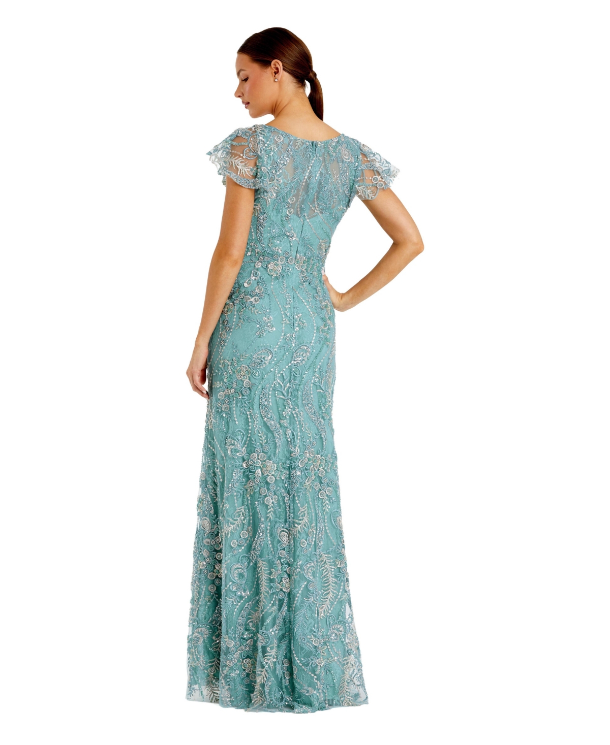 Mac Duggal Petite V Neck Flutter Sleeve Floral Embroidered Gown