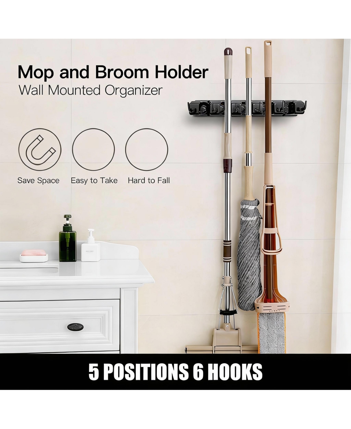 Yigii 5 Ball Slots 6 Hooks Wall Mop & Broom Organizer