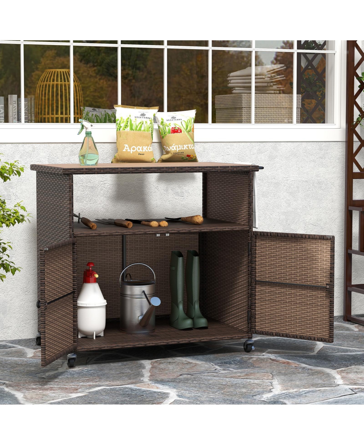Slickblue Patio Storage Cabinet with Acacia Wood Top and Rolling Wheels