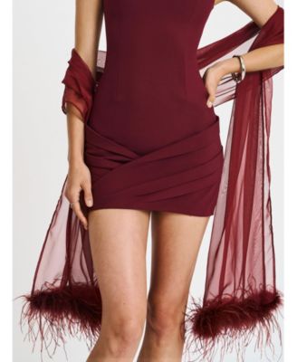 Women's Tori Wine Red Pleated Mini Dress with Chiffon Scarf