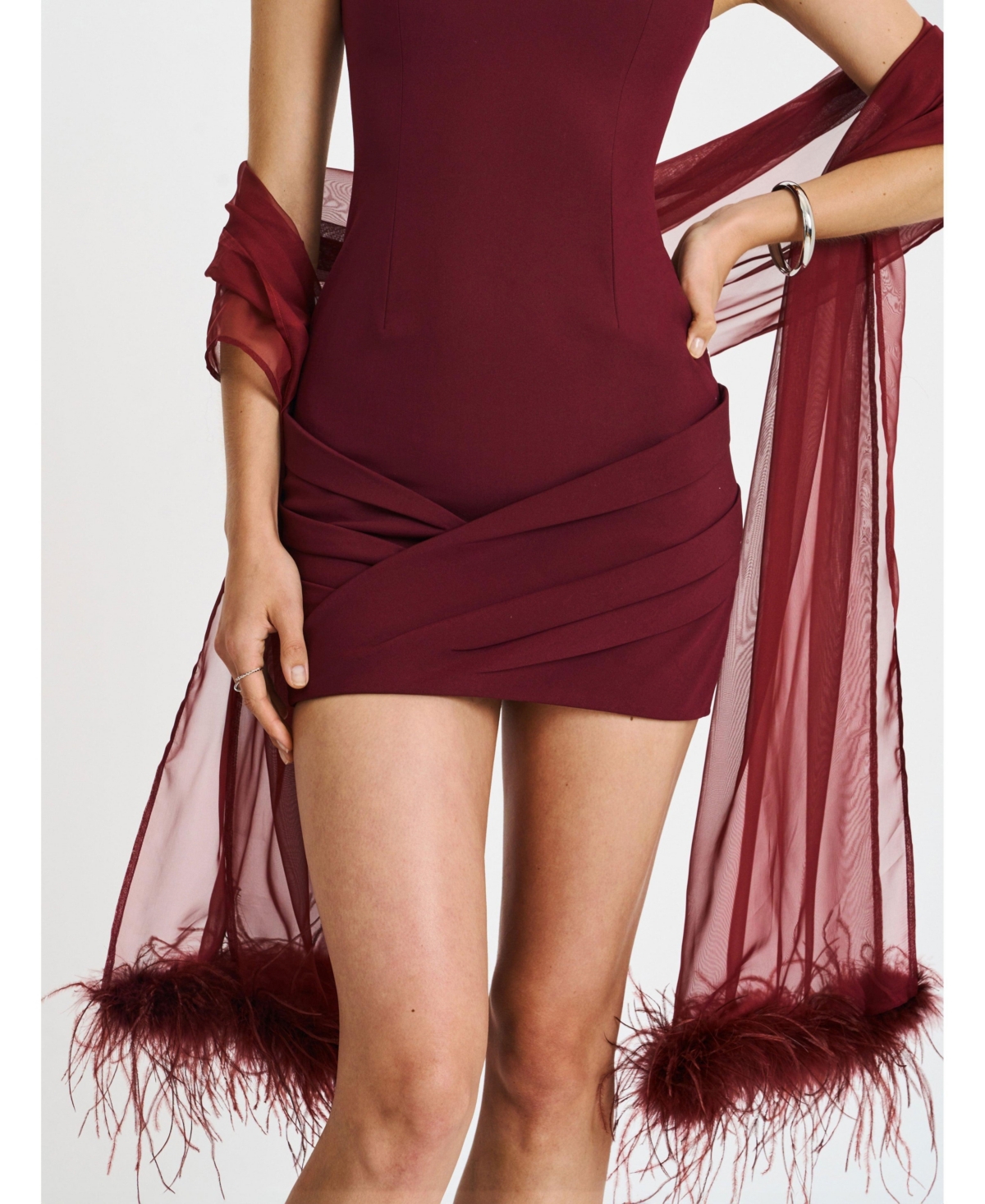 Miss Circle Women's Tori Wine Red Pleated Mini Dress with Chiffon Scarf