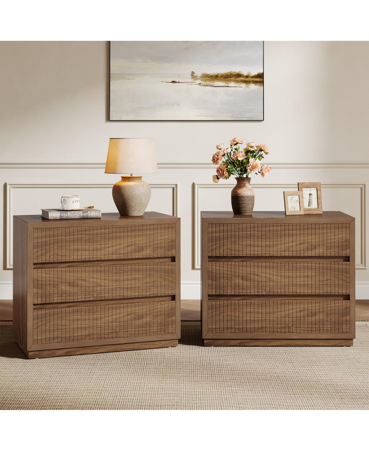 Tribesigns Fluted Nightstand Set of 2, 31" Wide Night Stand with 3 Storage Drawers, Farmhouse Oversized Bedside Table Modern Large End Side Table