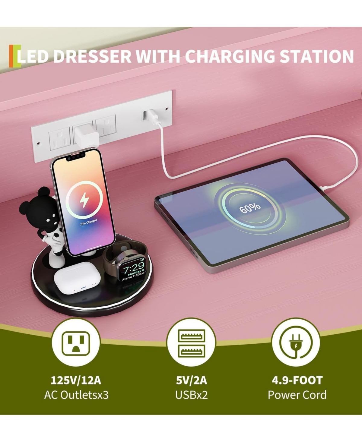 Gaomon 5-Drawer Dresser with Rgb Lights, Charging Station & App-Controlled Music Sync. Large Wooden Chest for Bedroom Storage.
