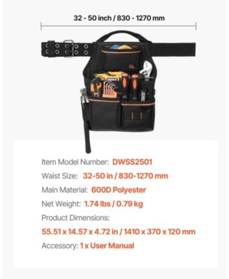 Tool Pouch with Belt, 14 Pockets Heavy-Duty Tool Belt Pouch, Detachable Adjustable Utility Work Bag, Waist 32–50 in