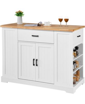 46" MDF, Rubberwood Kitchen Island Cart with Wood Top, Storage Cabinet, Adjustable Shelf, Drawer, Farmhouse Rolling Table
