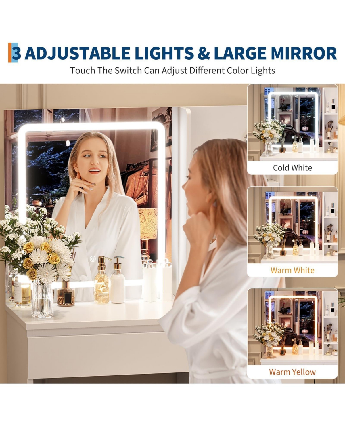 gaomon Makeup Vanity with Light and Mirror, Desk Foldable Desktop, Adjustable Lighting, Drawers Cushioned Stool, Dressing Table for Bedroom