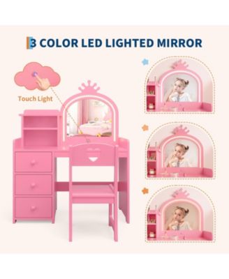 Kids Vanity with Lights – 2-in-1 Princess Makeup Toddler Vanity Table with Stool & Drawers, Wooden Girls Vanity Desk for Pretend Play