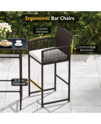Outdoor 3-Piece Wicker Bar Set with Seat Cushions