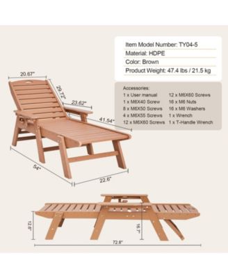 HDPE Chaise Lounge Chair, 400 lbs Capacity, 6-Position Adjustable Patio Lounge Chair with Backrest and Cup Holder