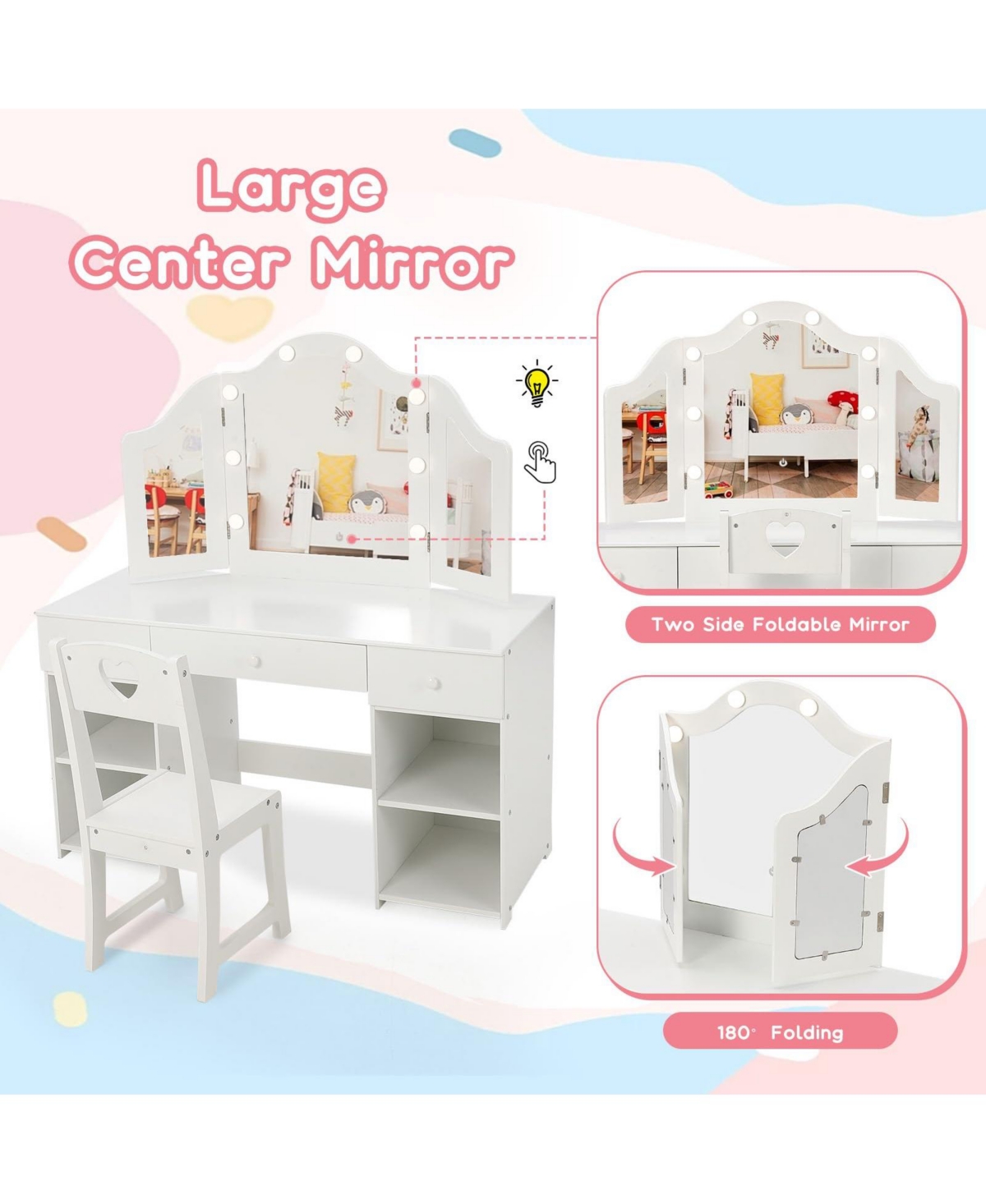 gaomon Kids Vanity Set with Mirror, 2-in-1 Wooden Toddler Vanity Table with Stool, Tri-Folding Mirror & Drawer, Removable Top