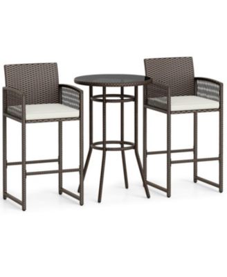 Patio Wicker Bar Height Round Table Set with 2 Armchairs