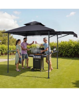 8 x 5 ft Grill Gazebo, Double-Tiered Top BBQ Gazebo with Extra Awning, Steel Frame, 2 Side Shelves, Bottle Opener and Hooks