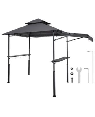 8 x 5 ft Grill Gazebo, Double-Tiered Top BBQ Gazebo with Extra Awning, Steel Frame, 2 Side Shelves, Bottle Opener and Hooks